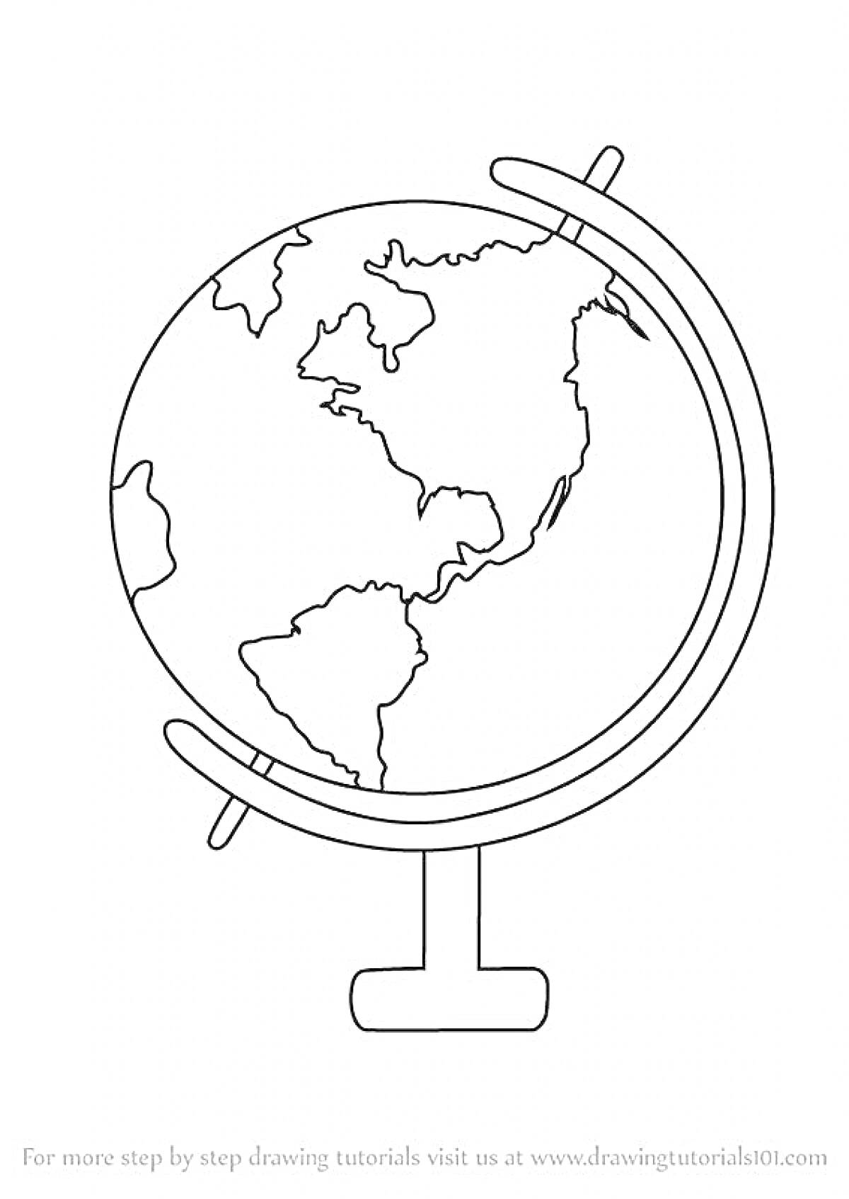 На раскраске изображено: Глобус, Карта мира, Северная Америка, Южная Америка, Континенты, Подставка, География, Школьные принадлежности, Обучающие материалы