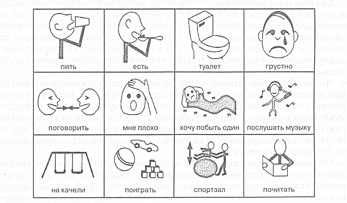 Раскраска пить, есть, туалет, грустно, поговорить, мне плохо, хочу побить один, послушать музыку, на качели, поиграть, спортзал, почитать