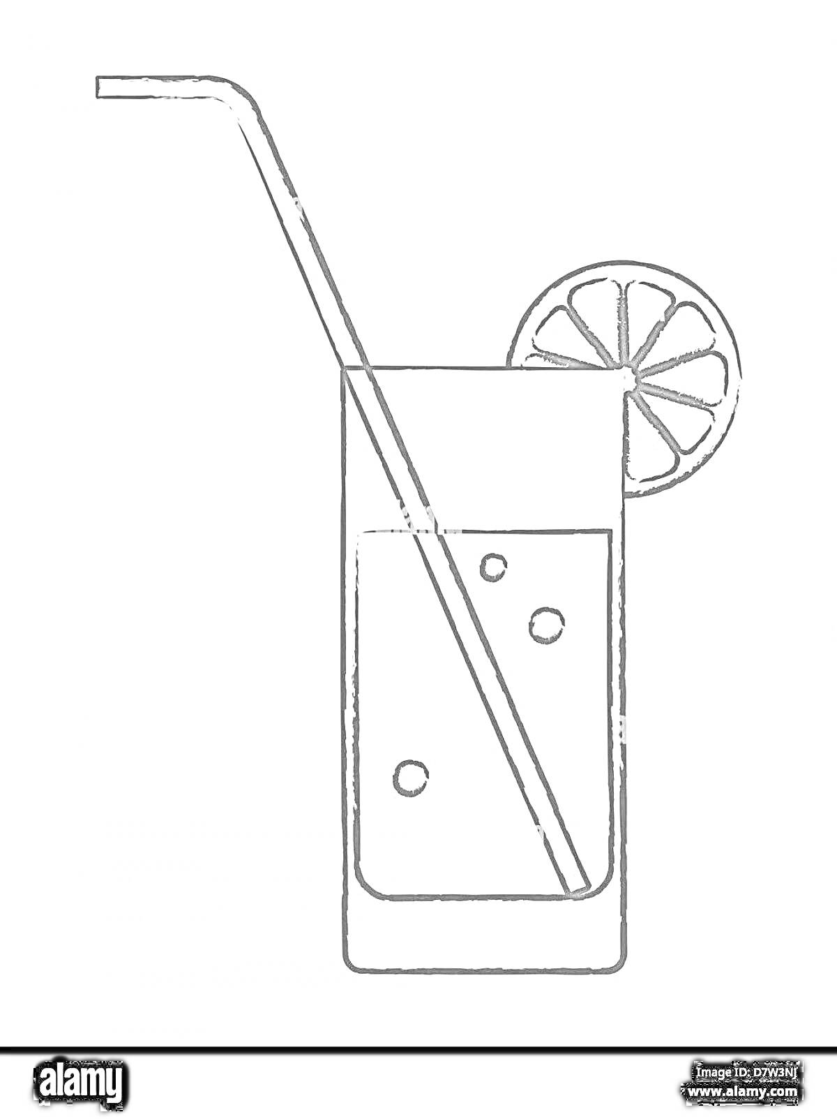 Раскраска Стакан с соком, трубочкой и ломтиком цитрусового