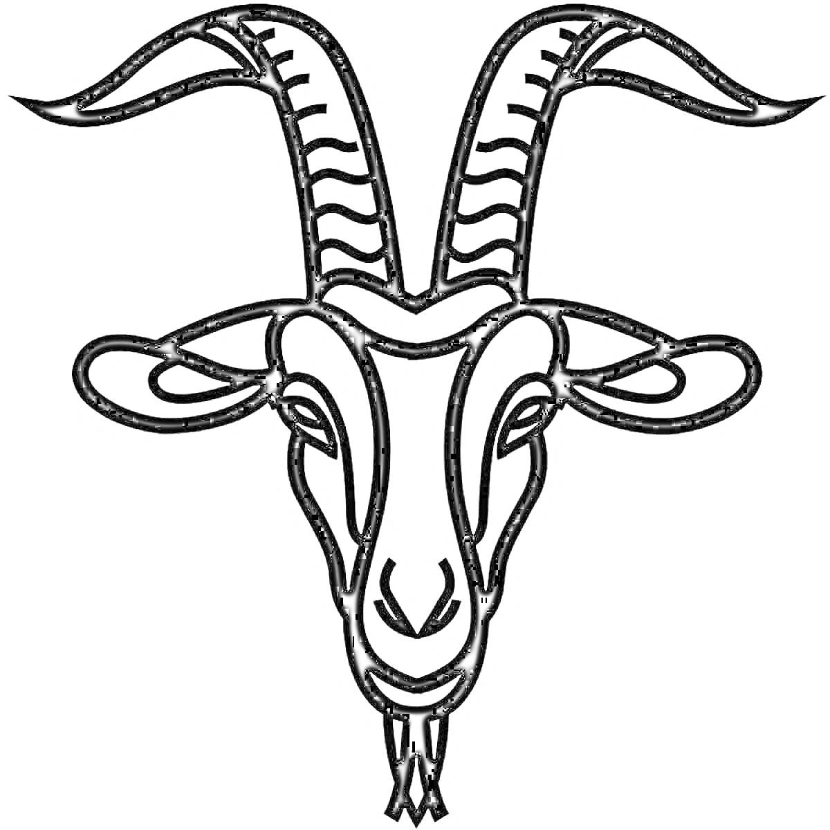 Раскраска Маска козы с большими, изогнутыми рогами и бородкой