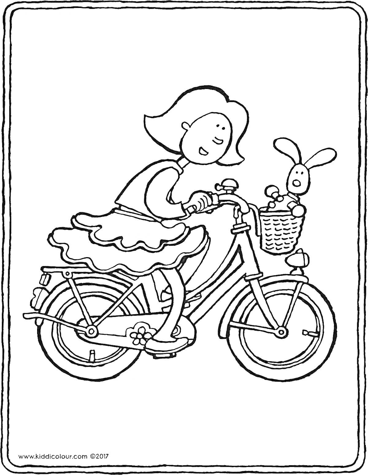 Раскраска Девочка на велосипеде с игрушкой в корзине