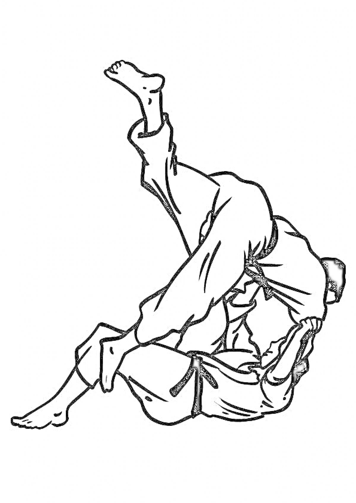 Раскраска Два бойца джиу джитсу в кимоно выполняют прием, один из бойцов держит второго за туловище в положении борьбы на мате