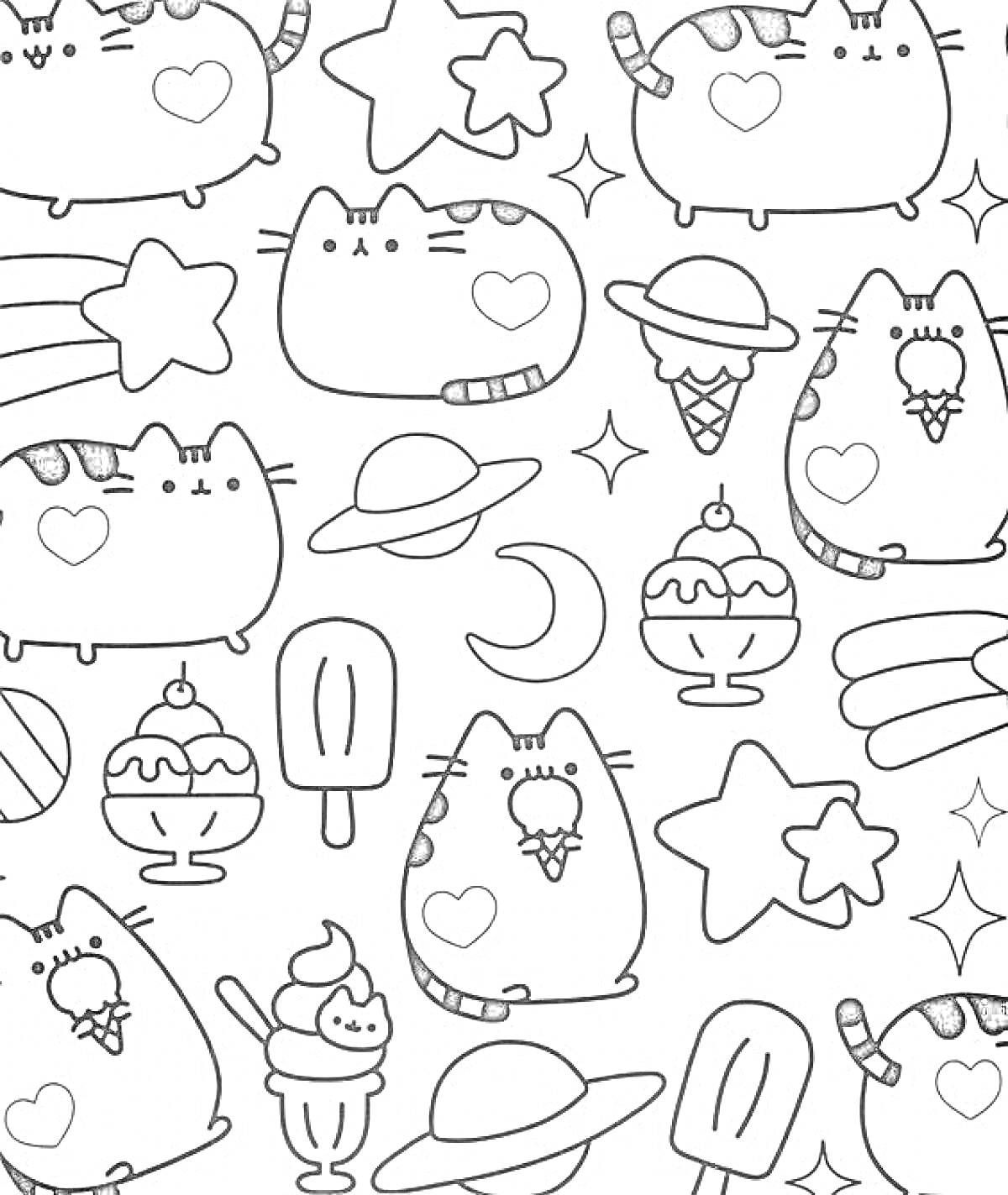 Раскраска Кавайные котики с мороженым и звездами