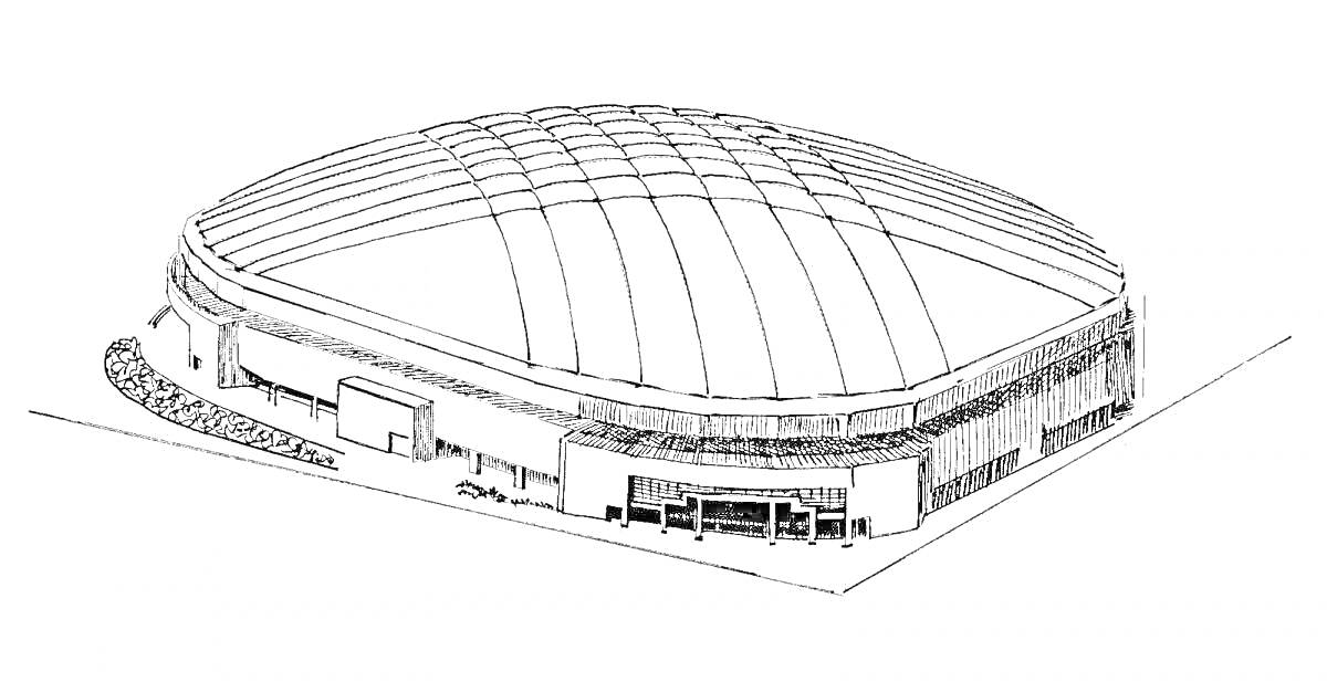 На раскраске изображено: Стадион, Крыша, Фасад, Архитектура, Спорт, Здание, Арена