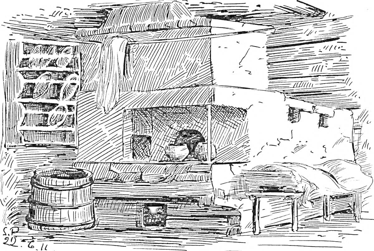Раскраска интерьер русской избы с печью, кроватями, деревянной бочкой и полкой с посудой