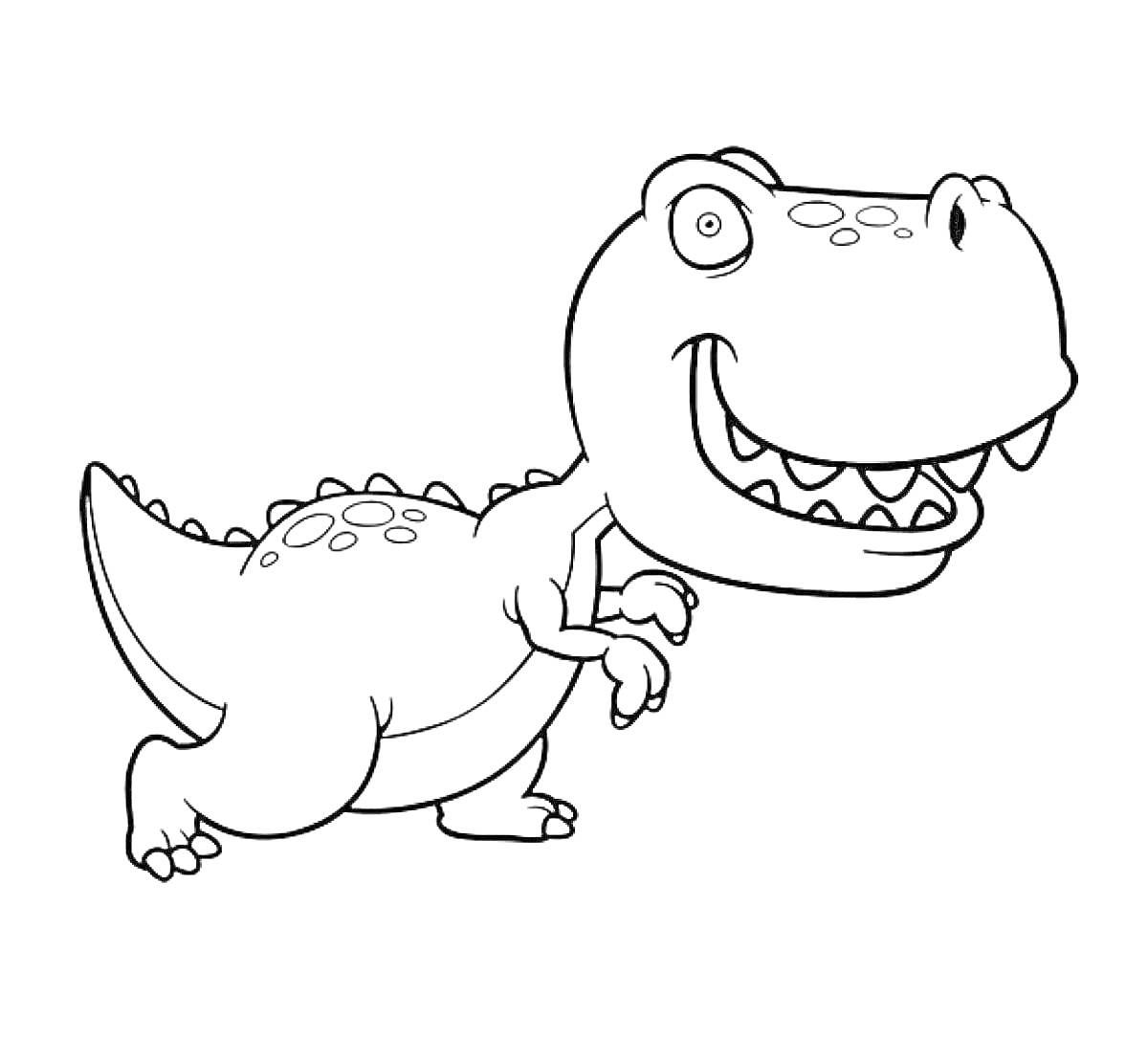Раскраска Раскраска с изображением улыбающегося мультяшного тираннозавра рекса с большими глазами, маленькими руками и короткими лапами