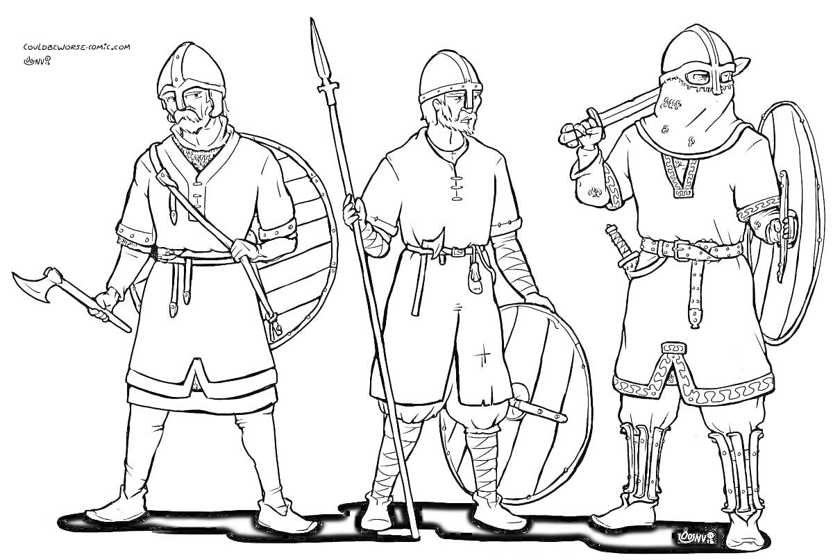 Раскраска Три вооружённых викинга в доспехах с топором, копьём и мечом, с круглыми щитами.