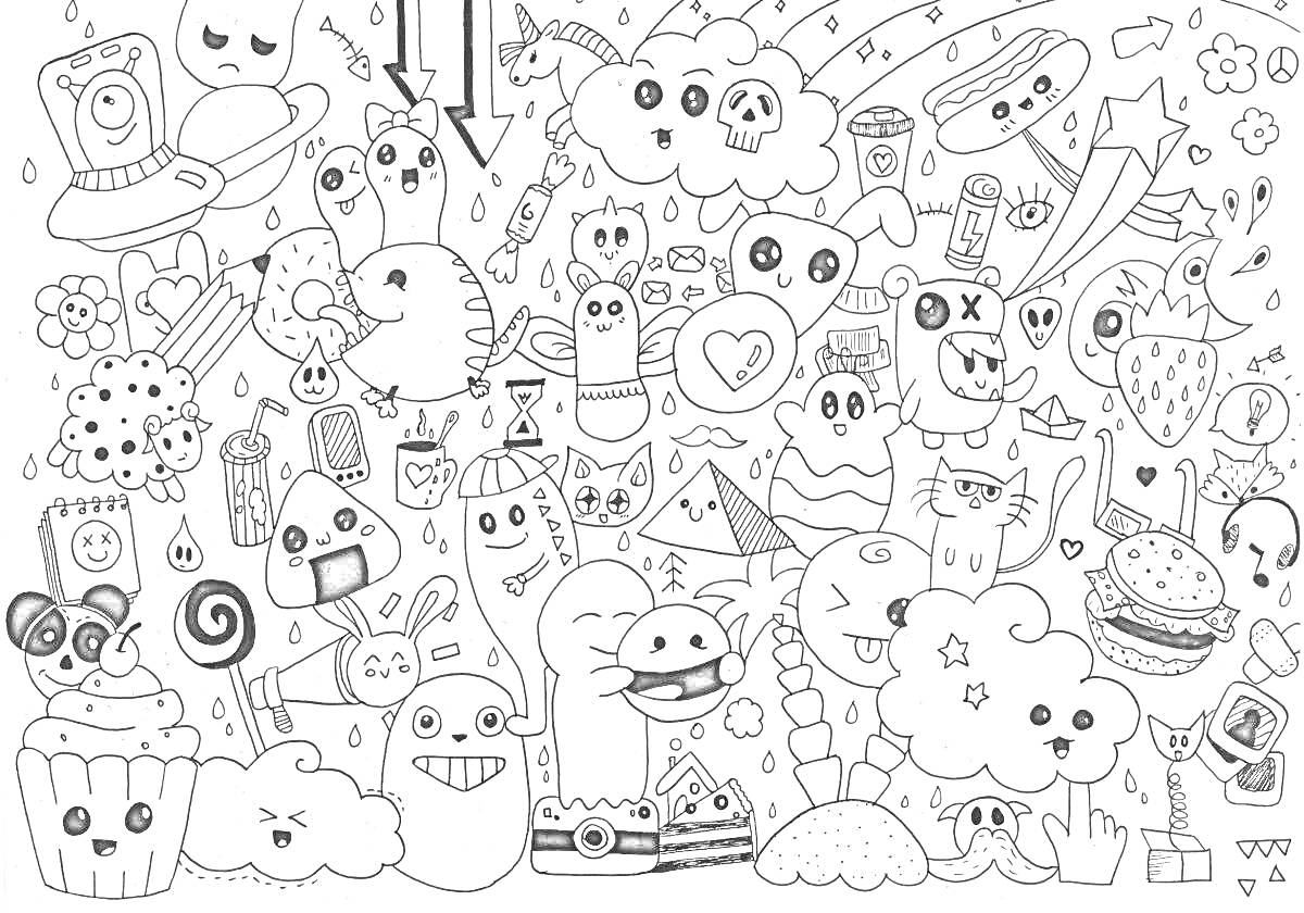 На раскраске изображено: Фантастические персонажи, Облачка, Пришельцы, Мороженое, Клубника, Гамбургер, Часы, Милые персонажи