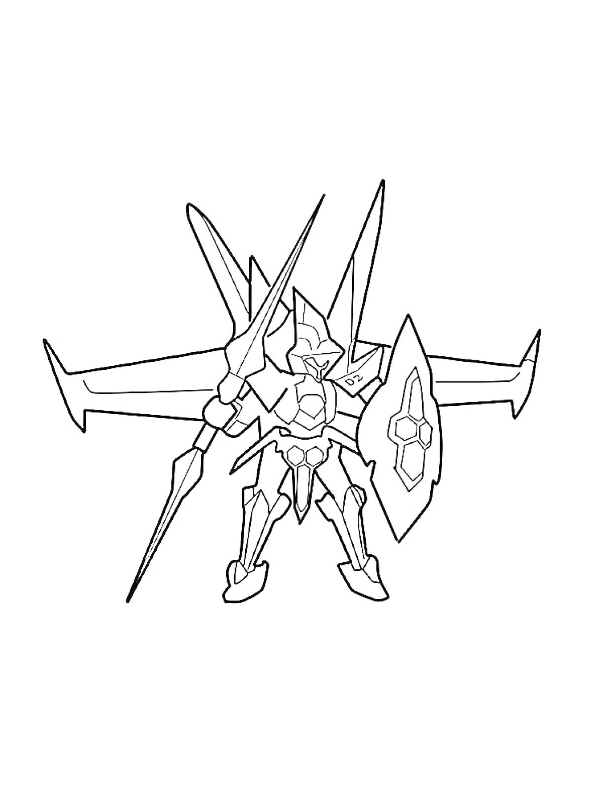 Раскраска Робот с оружием и щитом из LBX, с крыльями и шипами