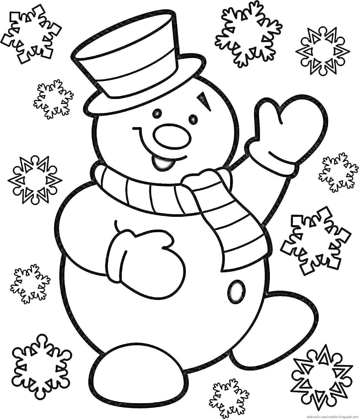 Раскраска Снеговик в шляпе с шарфом и снежинками вокруг