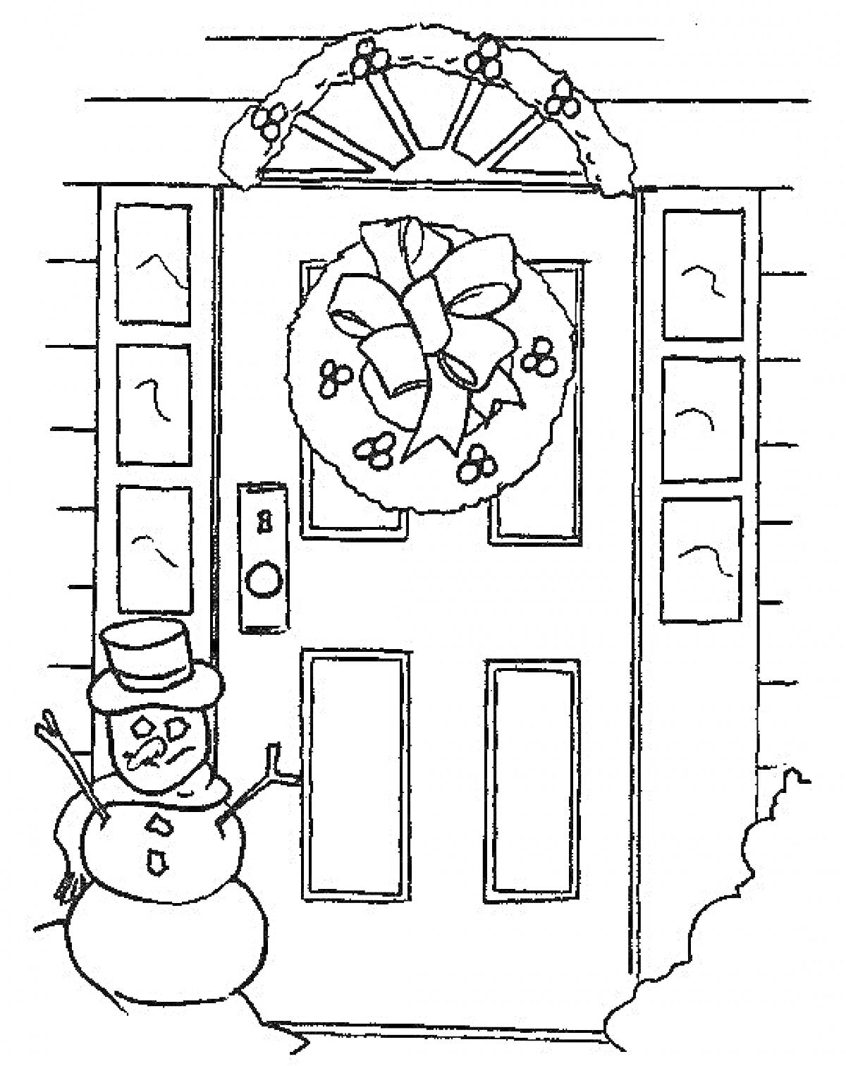 Дверь с рождественским венком, снежным сугробом и снеговиком в цилиндре