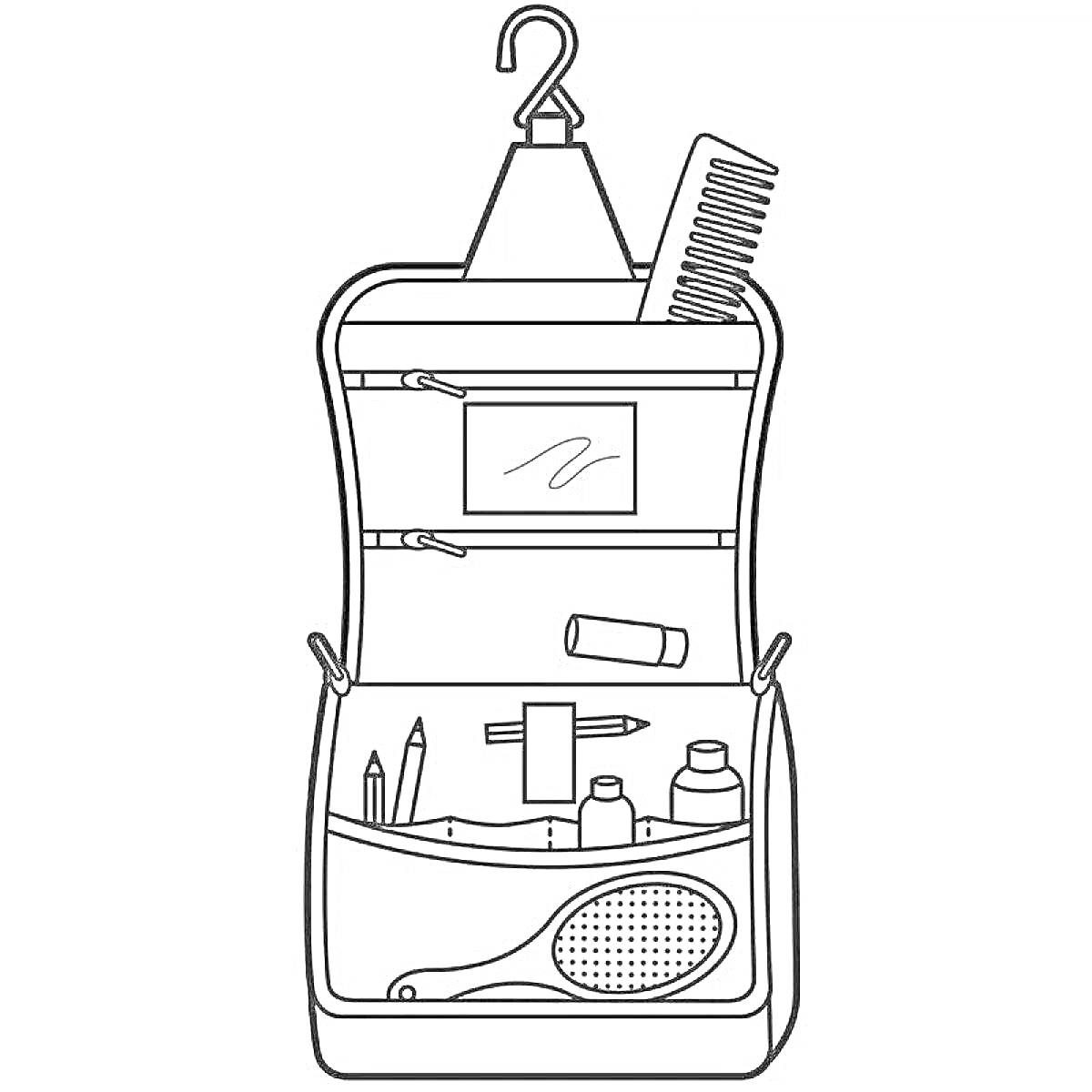 Раскраска Висячая косметичка с зеркалом, расчёской, карандашами, флаконом, кремом и щёткой