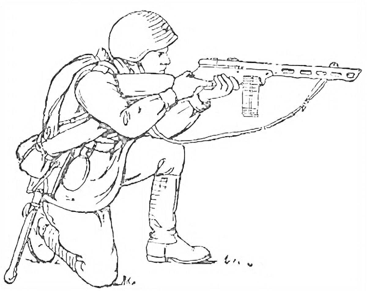 Раскраска Солдат с автоматом на колене
