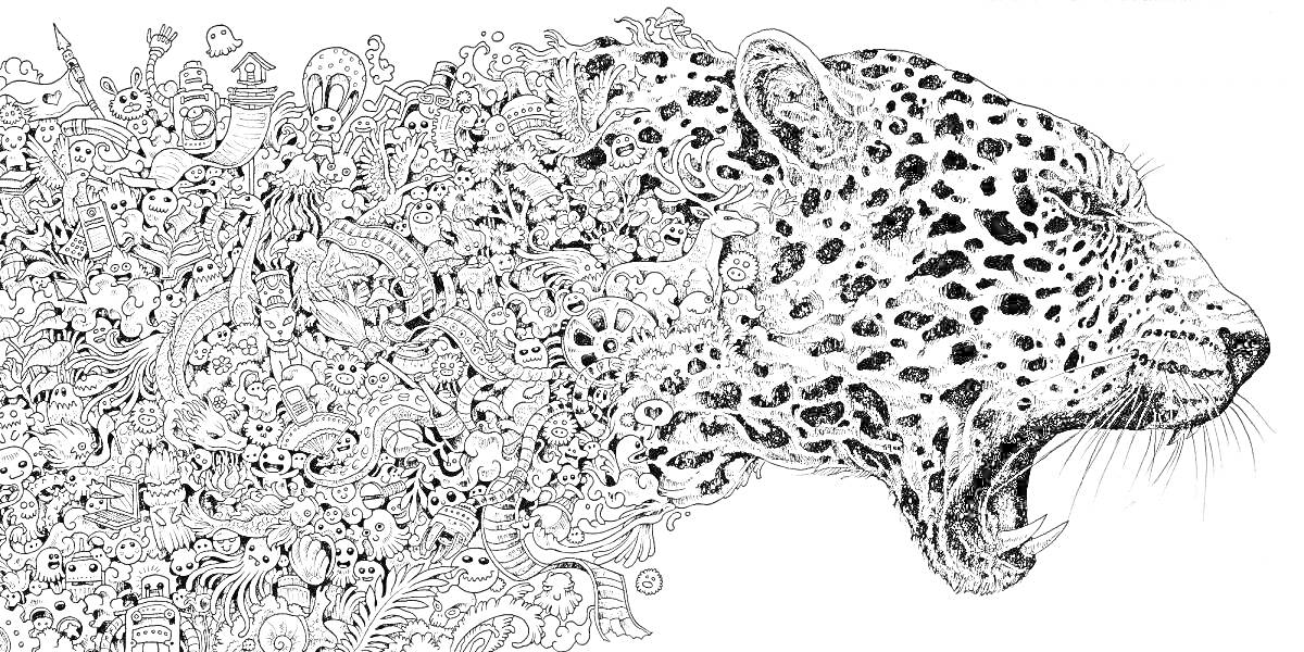 Раскраска Головa леопарда с крупными пятнами, вокруг множество мелких intricate деталей, цветы, листья, звери