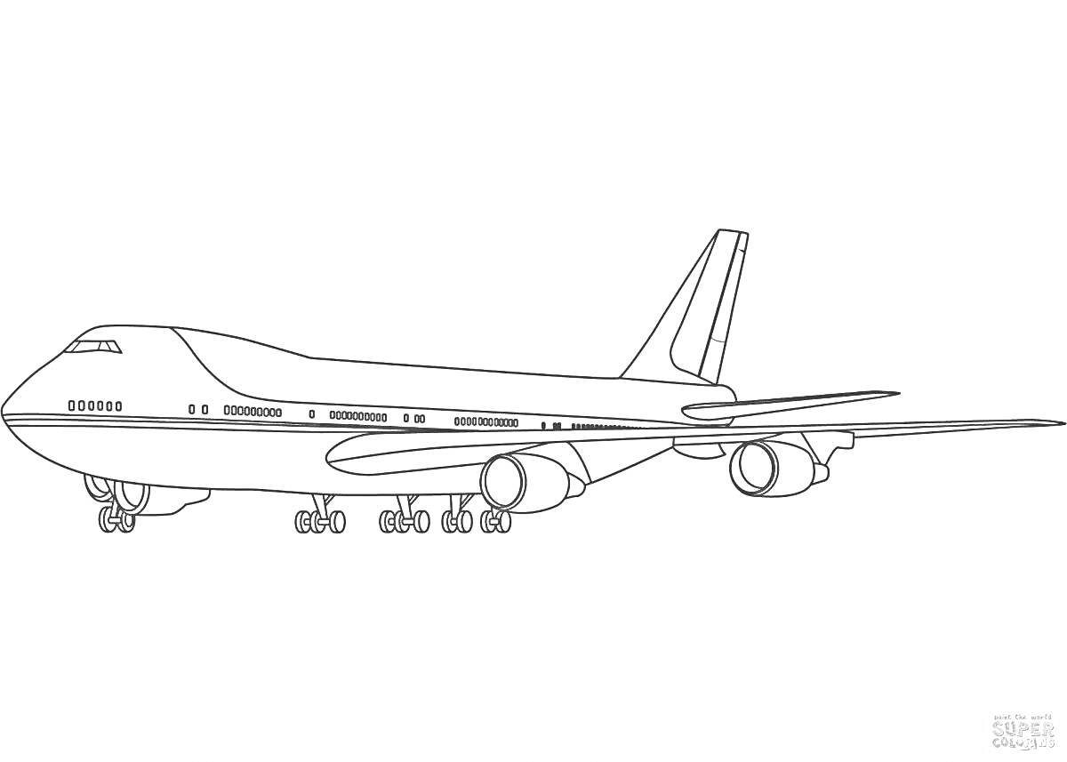 На раскраске изображено: Боинг 747, Авиатехника, Шасси, Фюзеляж, Крылья, Хвостовое оперение