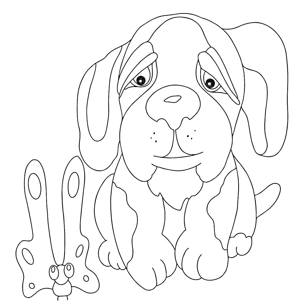 На раскраске изображено: Собака, Бабочка, Для детей, 6 лет, 7 лет, Животные