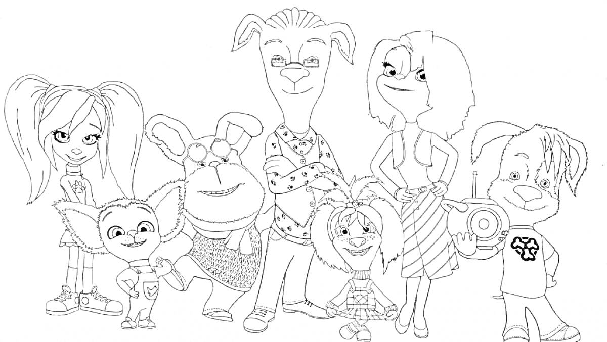 Раскраска Семья мультяшных животных: мать, отец, четыре ребенка и две собаки