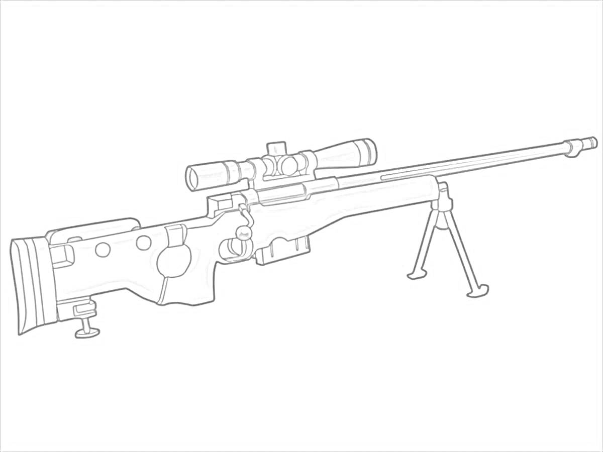 Раскраска Снайперская винтовка AWP с оптическим прицелом и сошками