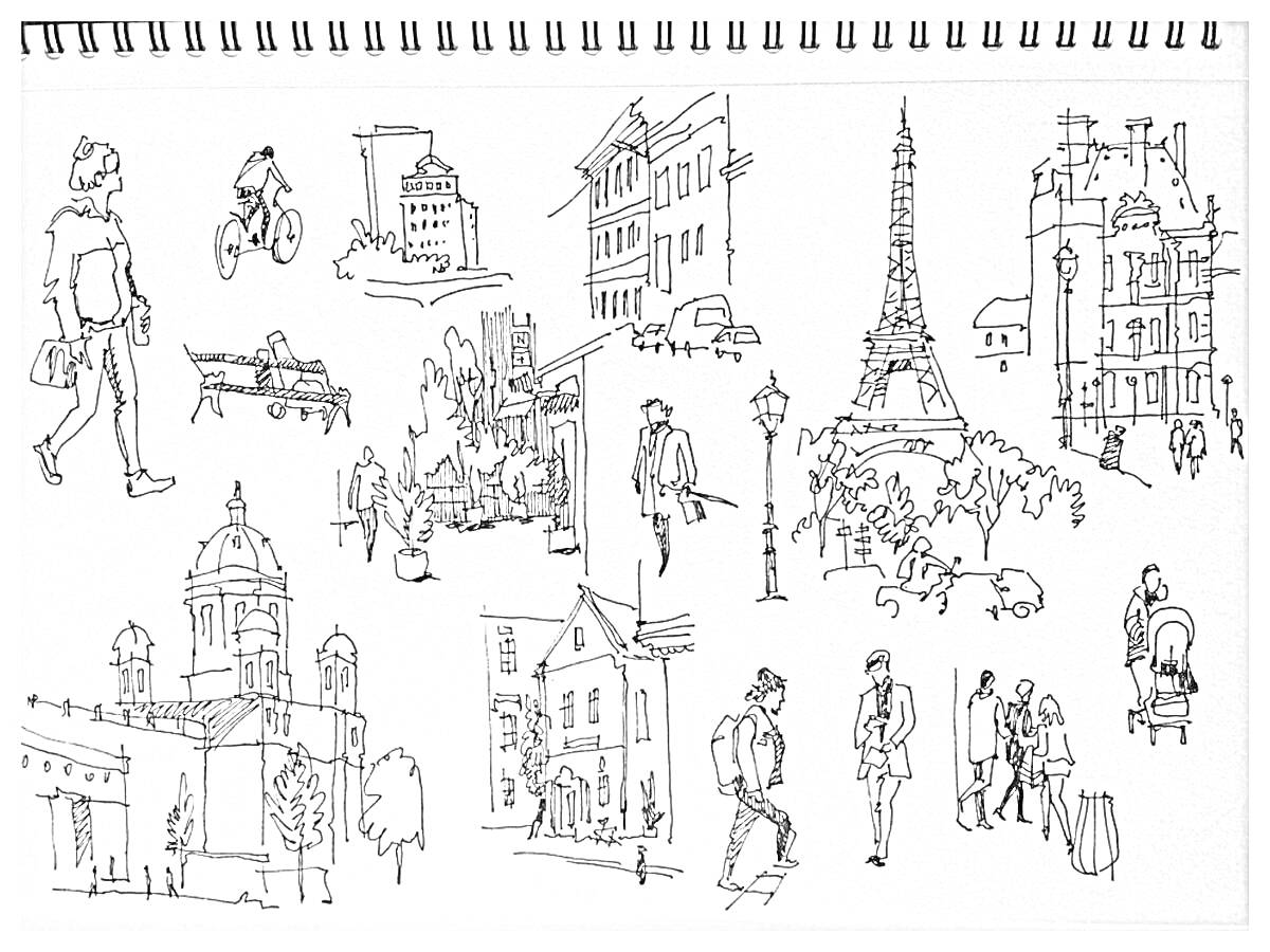 На раскраске изображено: Городской пейзаж, Велосипедист, Здания, Эйфелева башня, Человек, Городская жизнь, Набросок