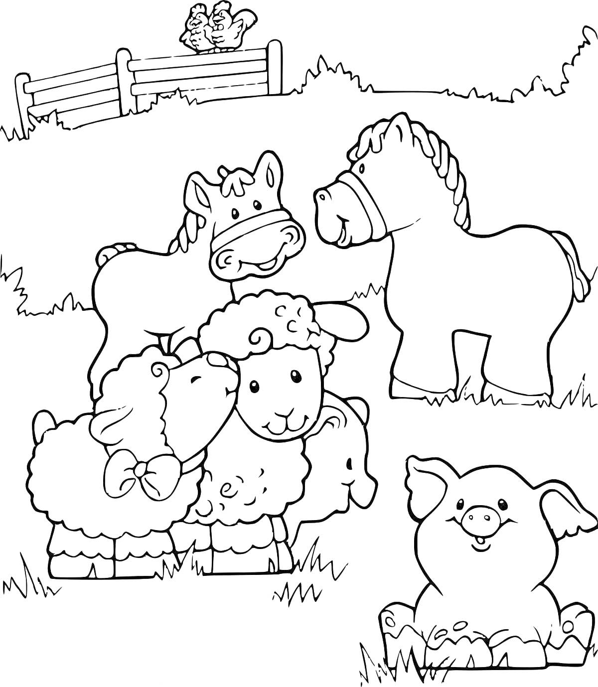 На раскраске изображено: Пони, Ограда, Ферма, Домашние животные, Природа