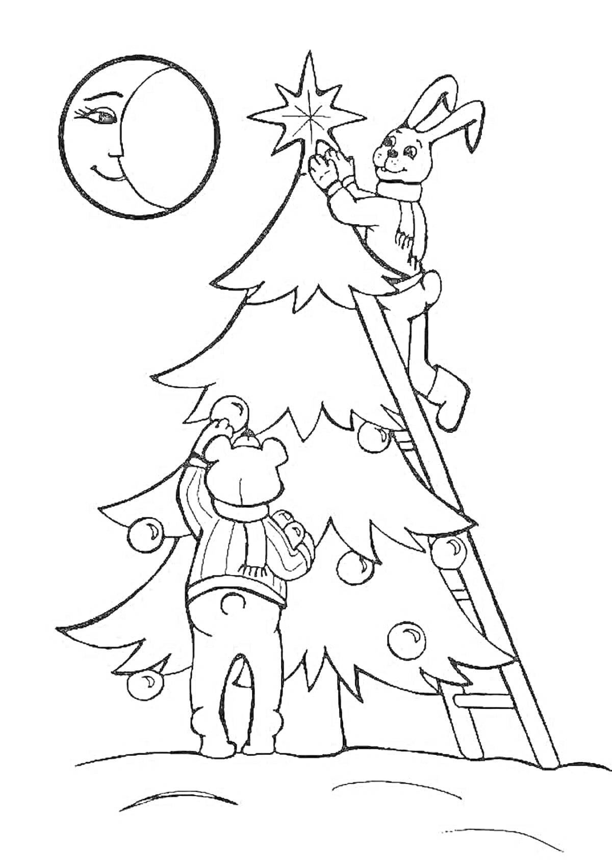 Раскраска Заин и медвежонок украшают новогоднюю елку