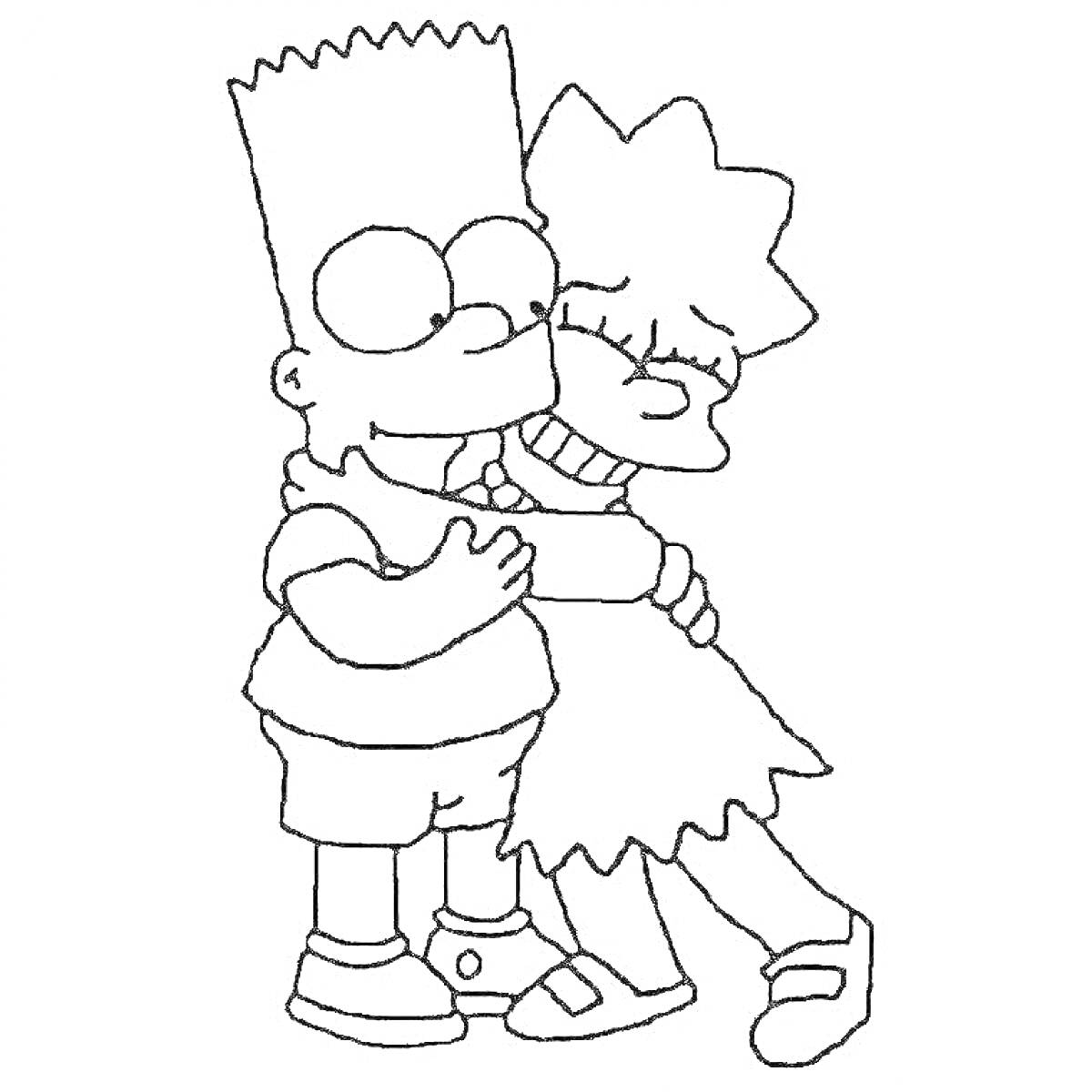 На раскраске изображено: Барт Симпсон, Лиза Симпсон, Брат и сестра, Семейные отношения, Любовь, Симпсоны