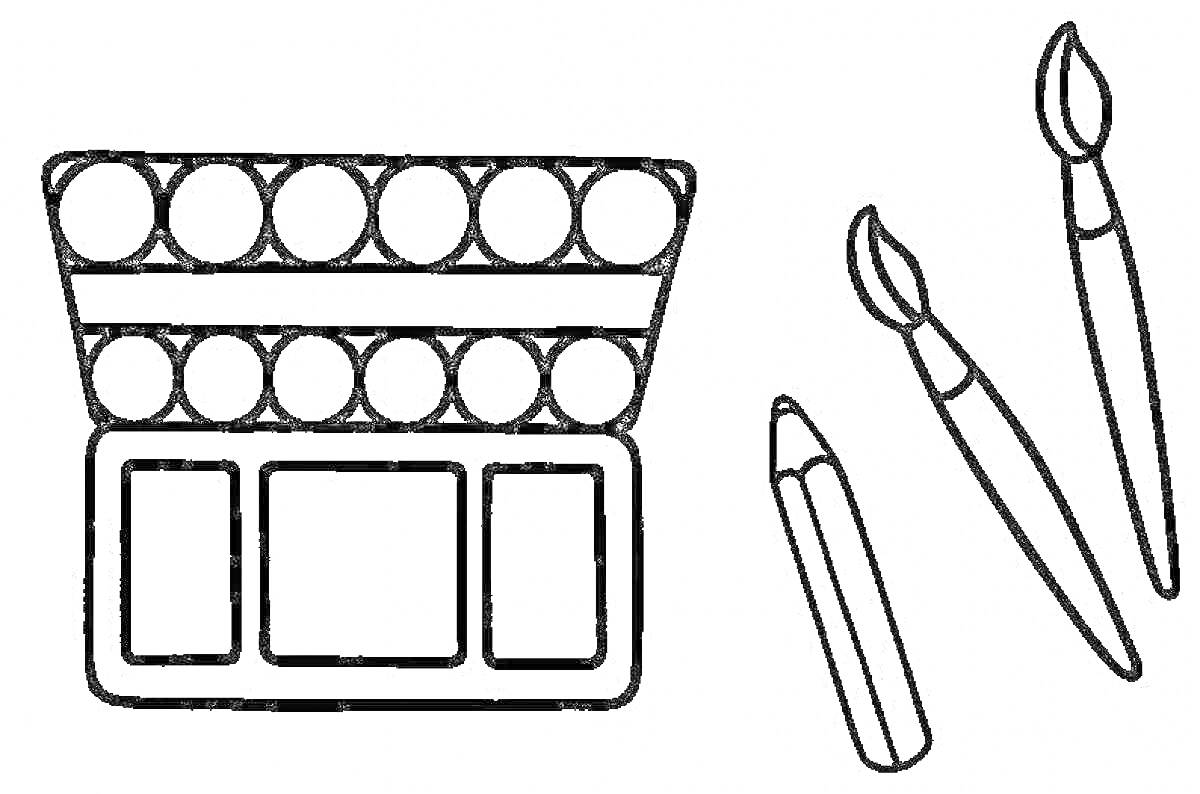 На раскраске изображено: Краски, Карандаши, Кисточки