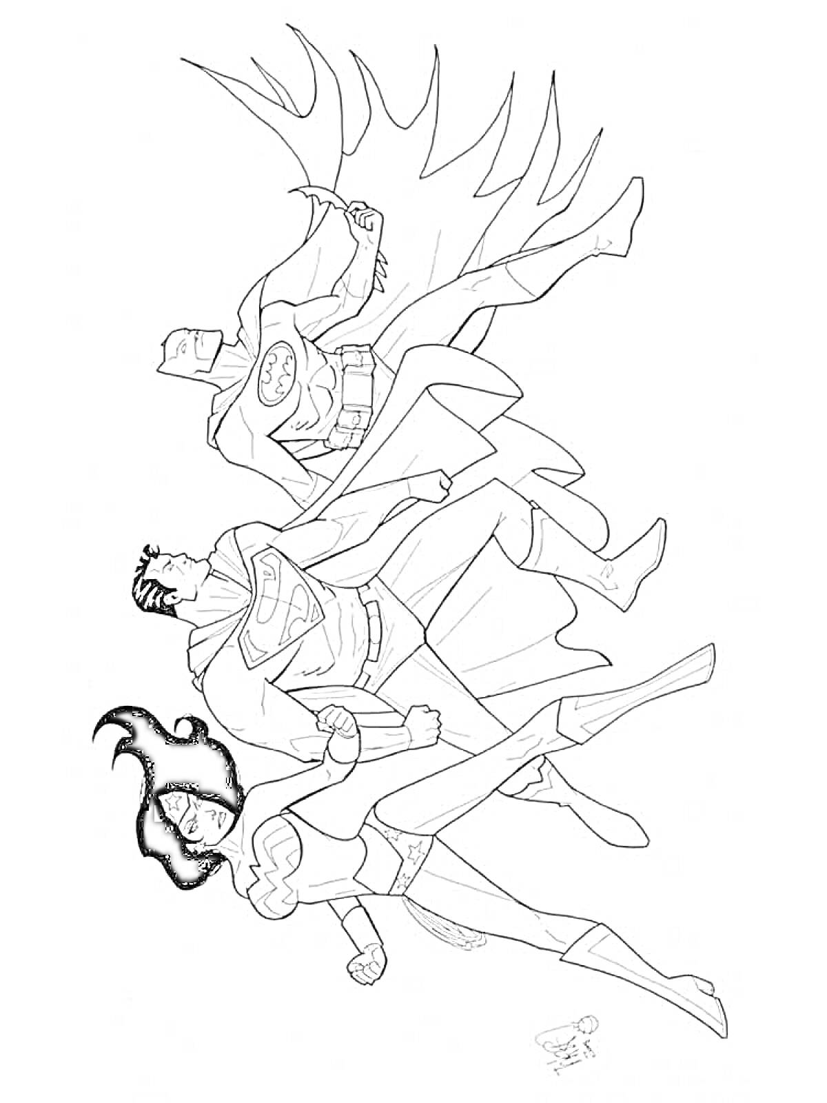 Раскраска Бэтмен, Супермен и Чудо-женщина из Лиги Справедливости в полете