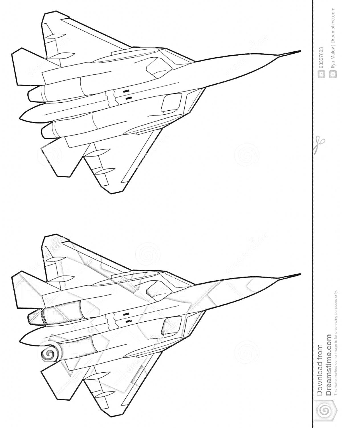 Раскраска Раскраска истребителя Су 57, вид сверху и сзади, два изображения, верхний - контурный, нижний - частично окрашенный