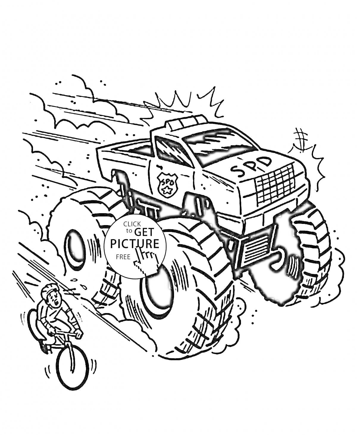 Раскраска Джип монстр-трак с полицейскими отличительными знаками, проезжающий мимо человека на велосипеде