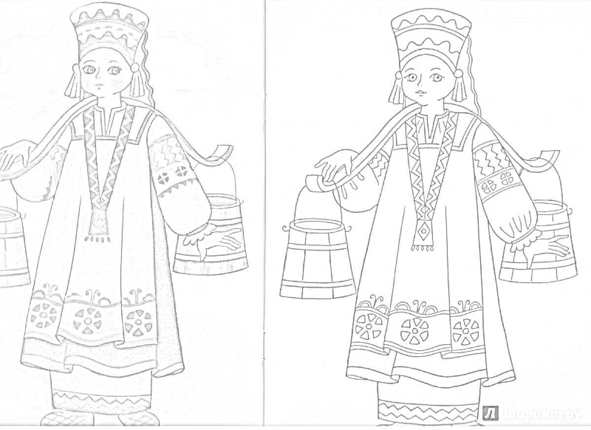 Раскраска Девушка в русском народном костюме с коромыслом и ведрами