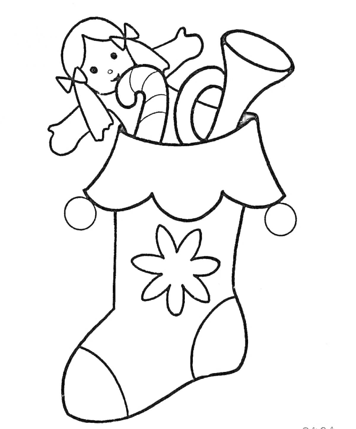 Раскраска Рождественский носок с куклой, сахарной тросточкой и рожком