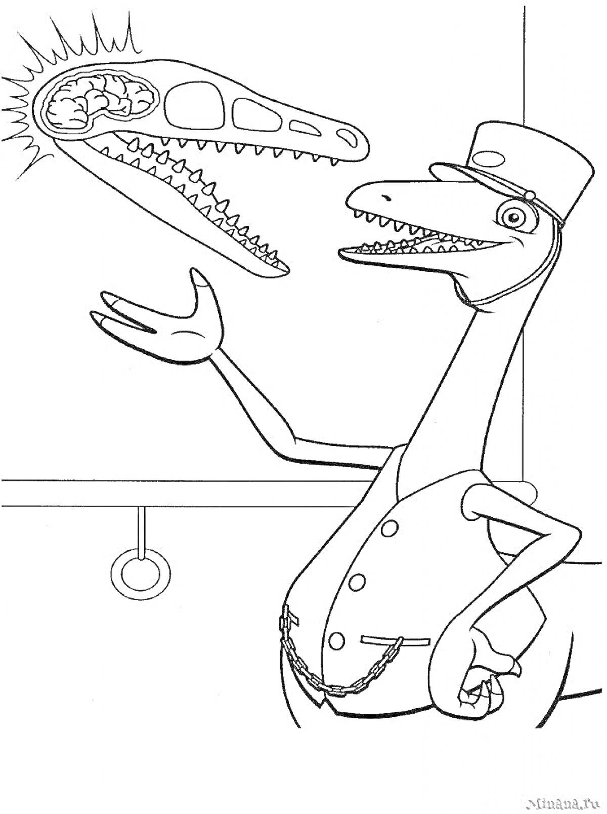 Раскраска Динозавр в жилете и шляпе у доски объясняет строение черепа динозавра