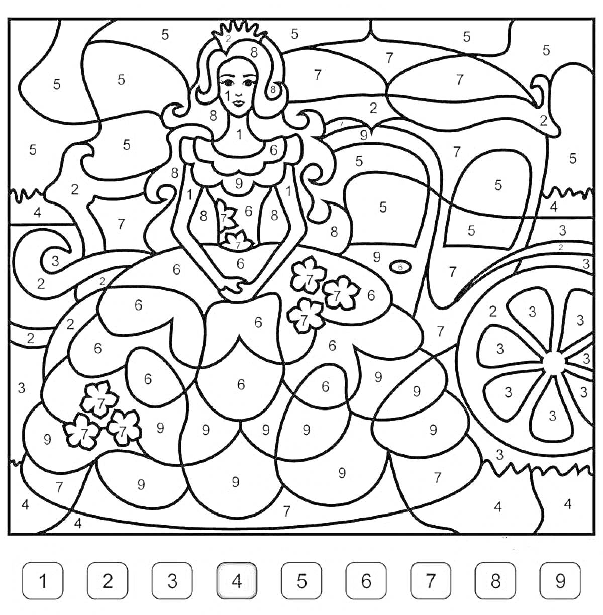 На раскраске изображено: Принцесса, Карета, Цветы, Цифры, Краски, Цвет по номеру