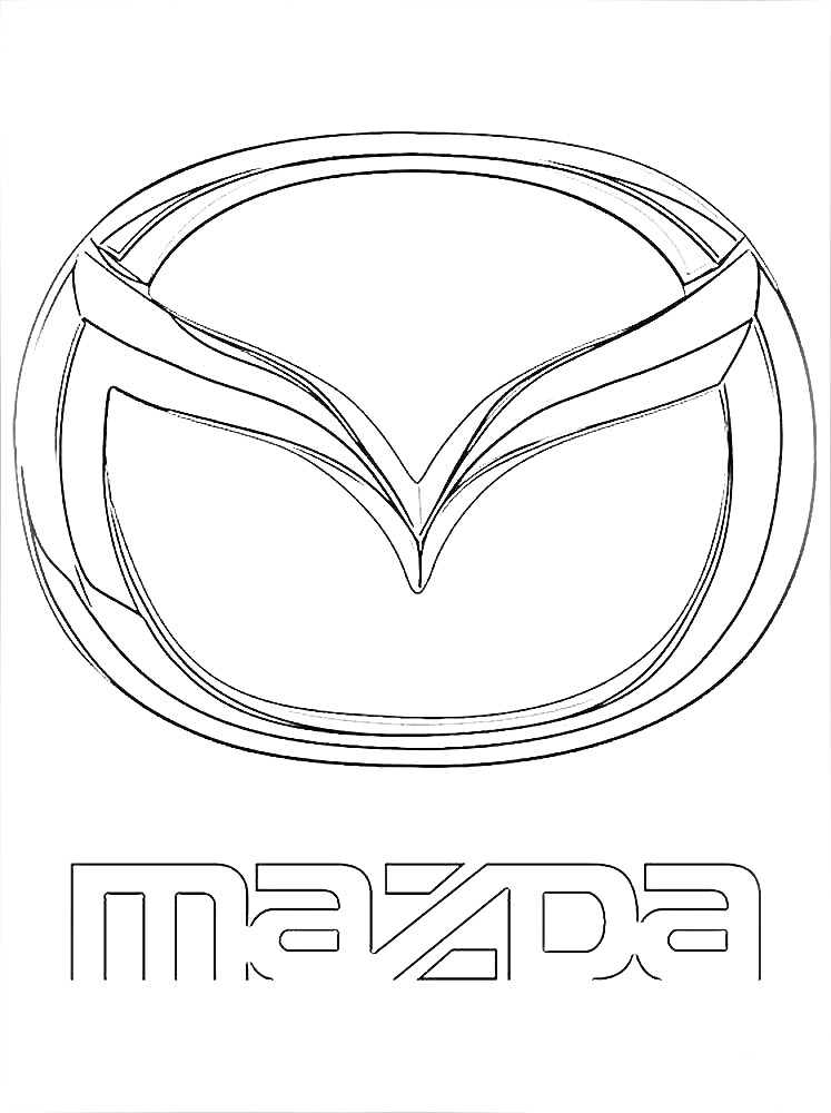 На раскраске изображено: Mazda, Бренд, Транспорт, Название, Текст, Авто, Логотипы, Символы, Эмблемы