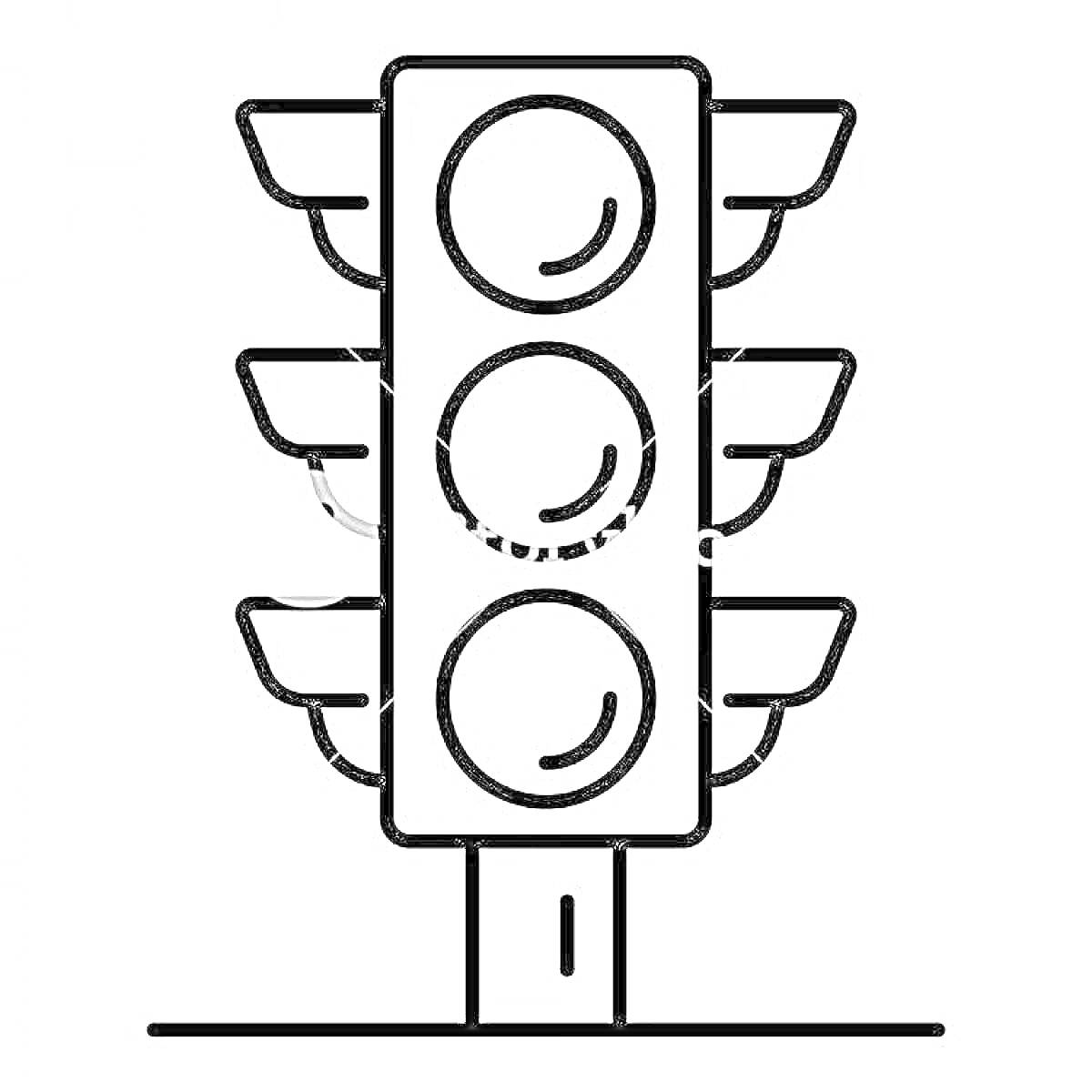 Раскраска Светофор с тремя круглым сигналами и креплением на столбе