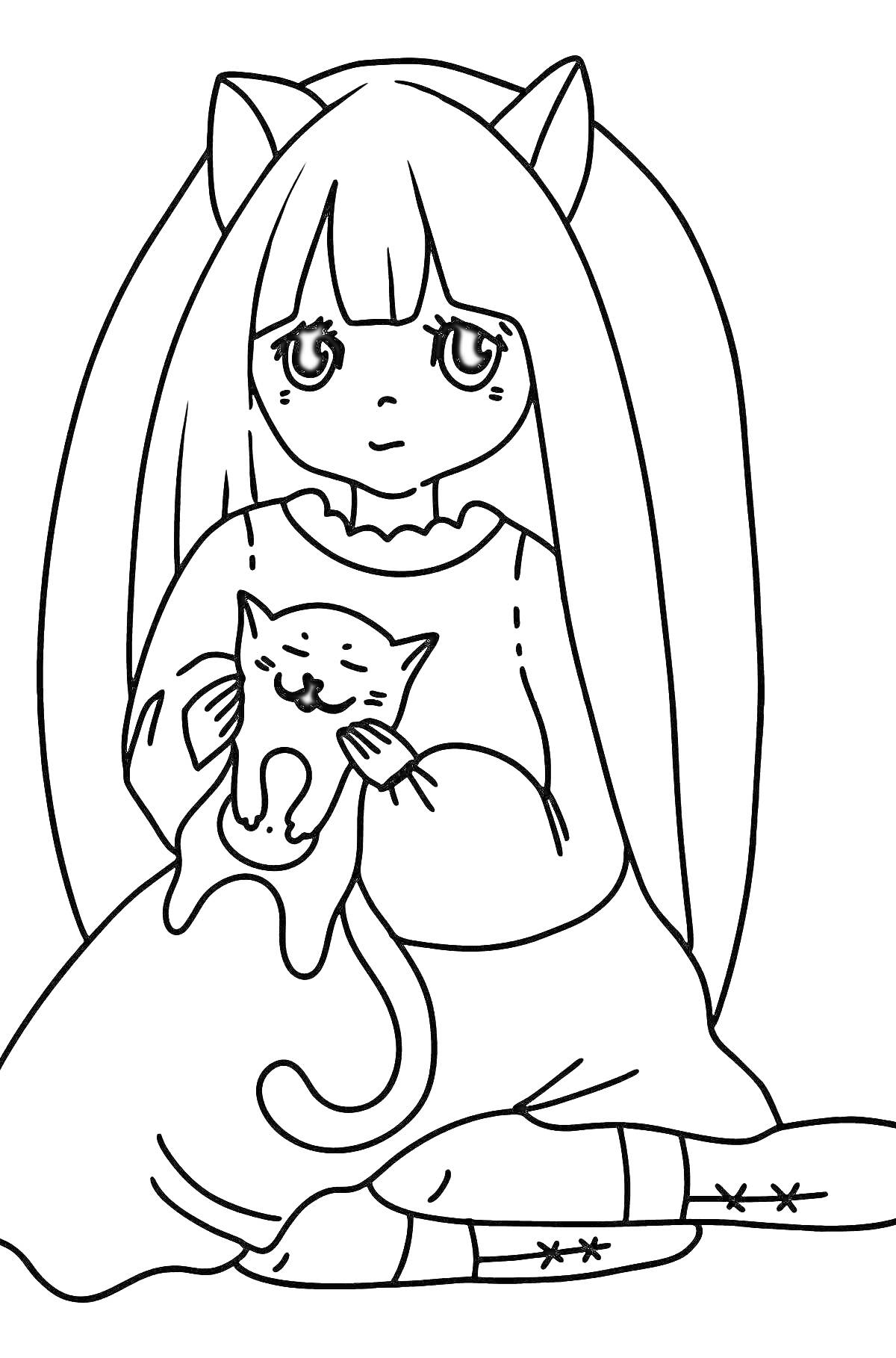 На раскраске изображено: Аниме, Девочка, Длинные волосы, Детские, Кот, Кошачьи уши, Милые