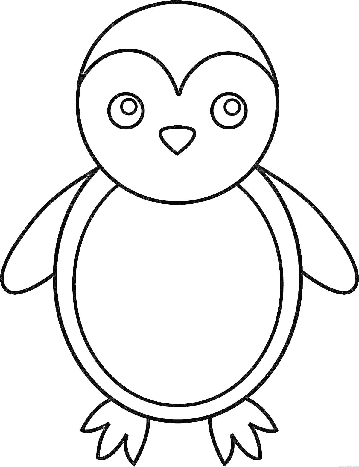Раскраска Раскраска пингвина для малышей: контур пингвина с глазами, клювом, крыльями и лапками
