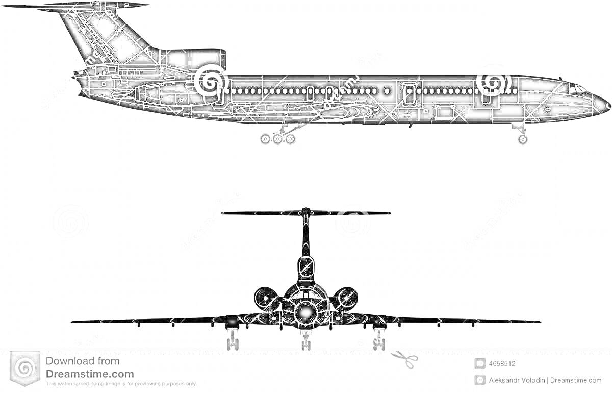 Раскраска Силуэт самолета Ту-154 в ракурсе сбоку и спереди