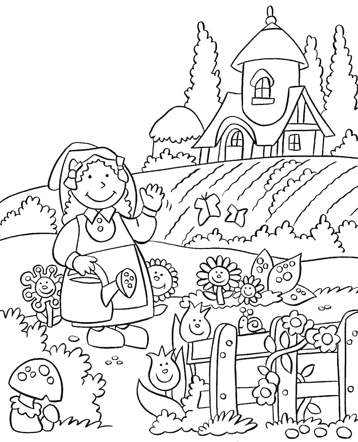 РаскраскаДевочка в саду с домом, цветами, бабочками и лейкой