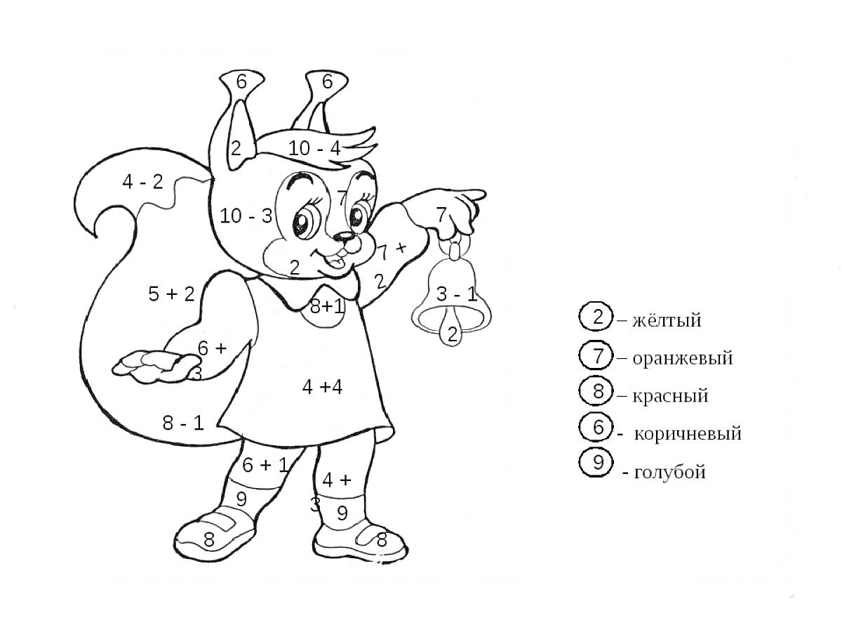 Раскраска Белка с примерами в пределах 10, держит колокольчик и орех, разные части тела раскрашены по результатам примеров