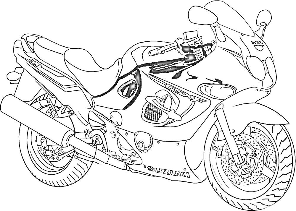 На раскраске изображено: Мотоцикл, Колеса, Шины, Suzuki, Зеркало, Выхлопные трубы, Логотипы, Сидение