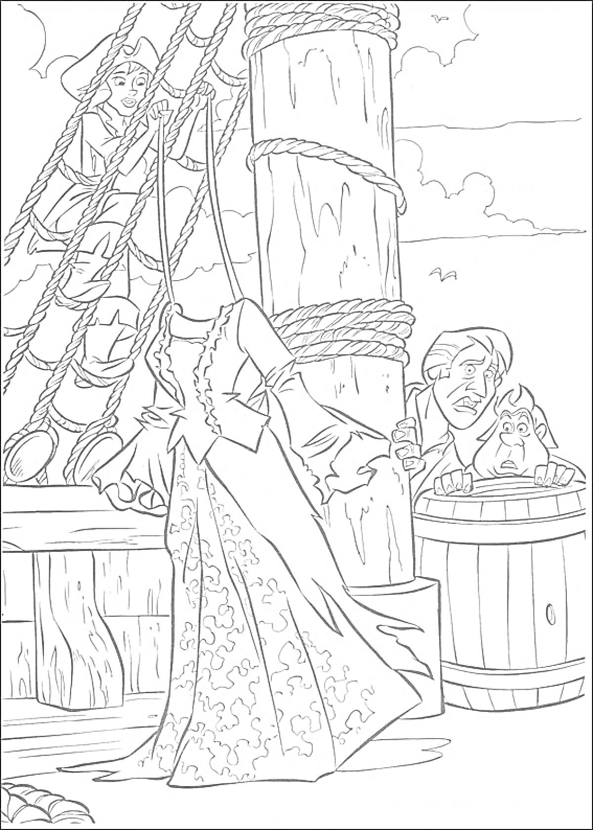 Раскраска Пираты на палубе корабля — два человека прячутся за бочкой, один человек на мачте