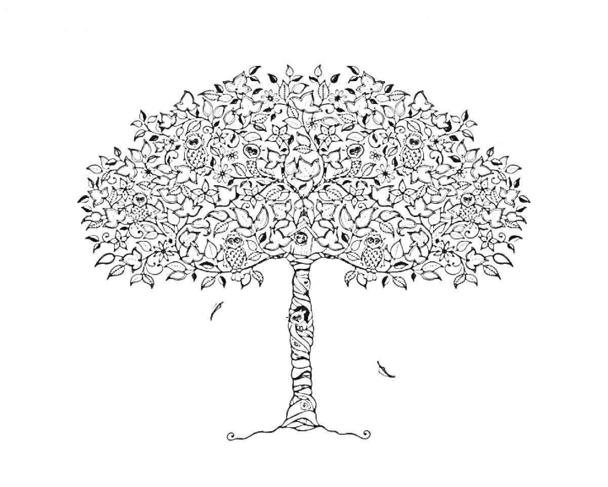 Раскраска Дерево с орнаментом из сов, листьев и цветов