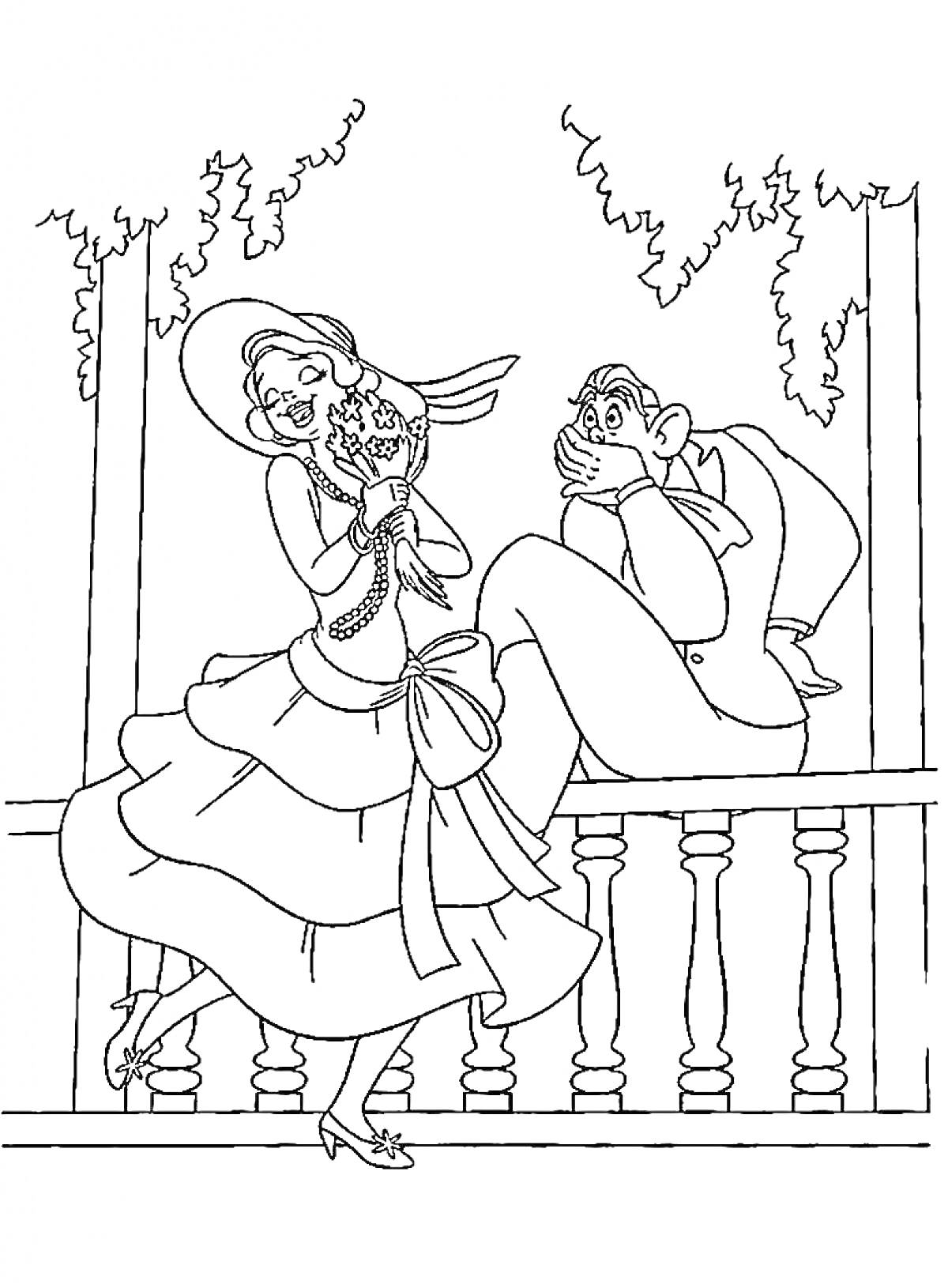 Принцесса на балконе с лягушкой и удивлённый мужчина позади