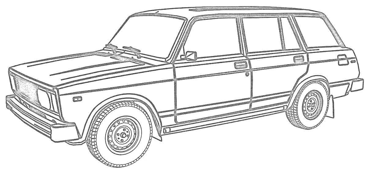 Раскраска Детальная раскраска автомобиля ВАЗ 2101 с видимыми элементами кузова, колесами, окнами и дверями.