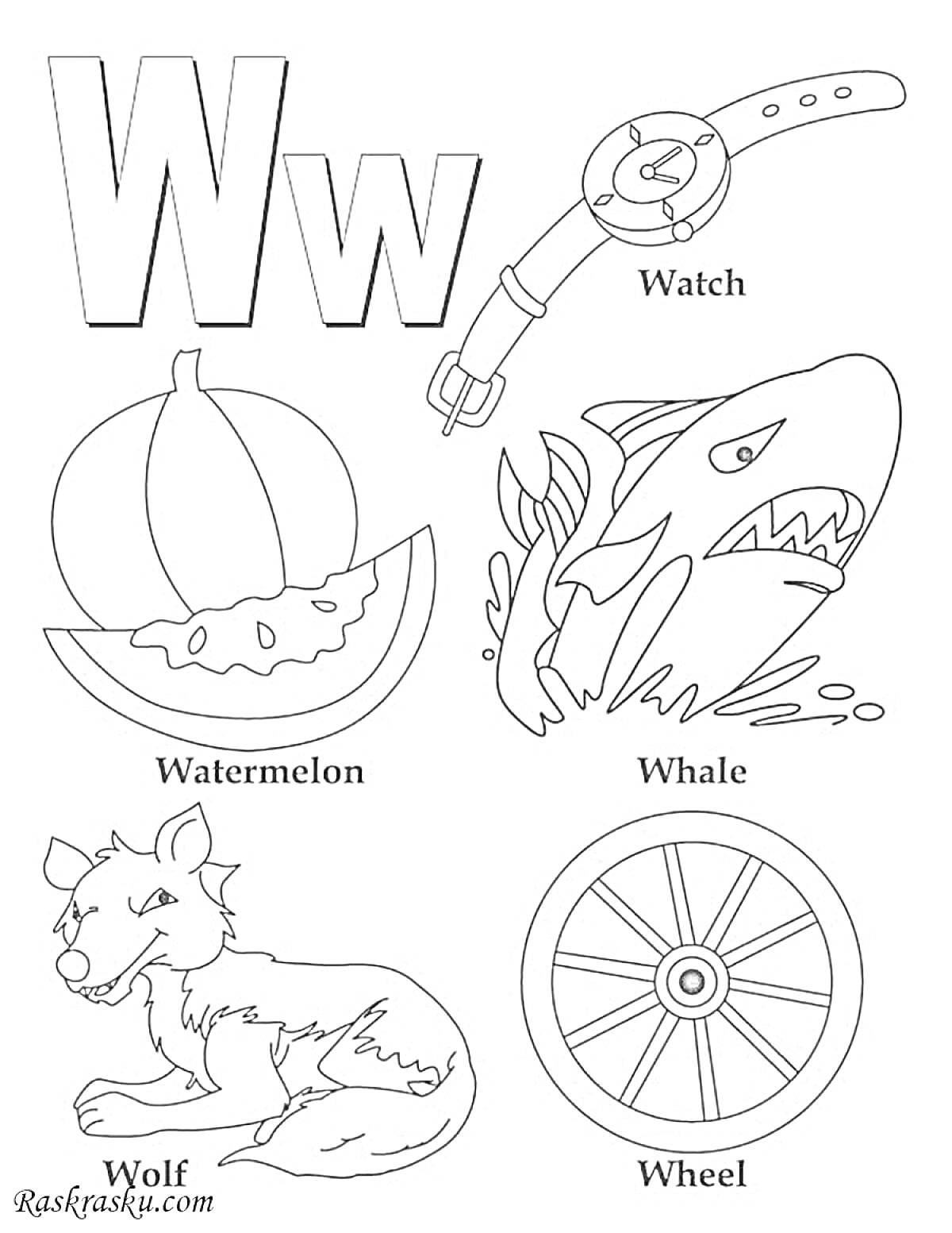 Раскраска W (Watch, Watermelon, Whale, Wolf, Wheel)