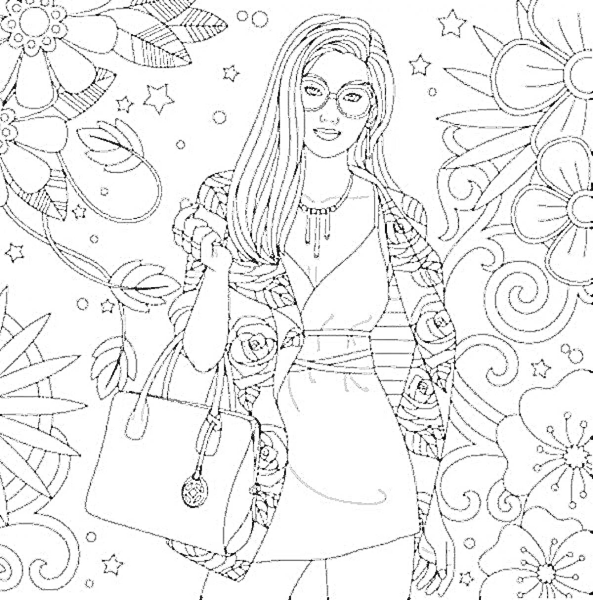Раскраска Девушка в очках с сумкой на фоне цветочного узора