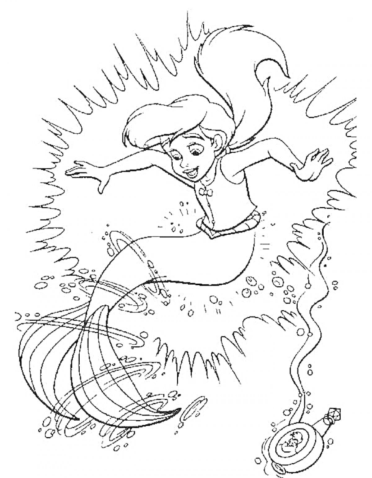 Раскраска Русалка с хвостом, мелоди и морскими пузырями, компас на дне