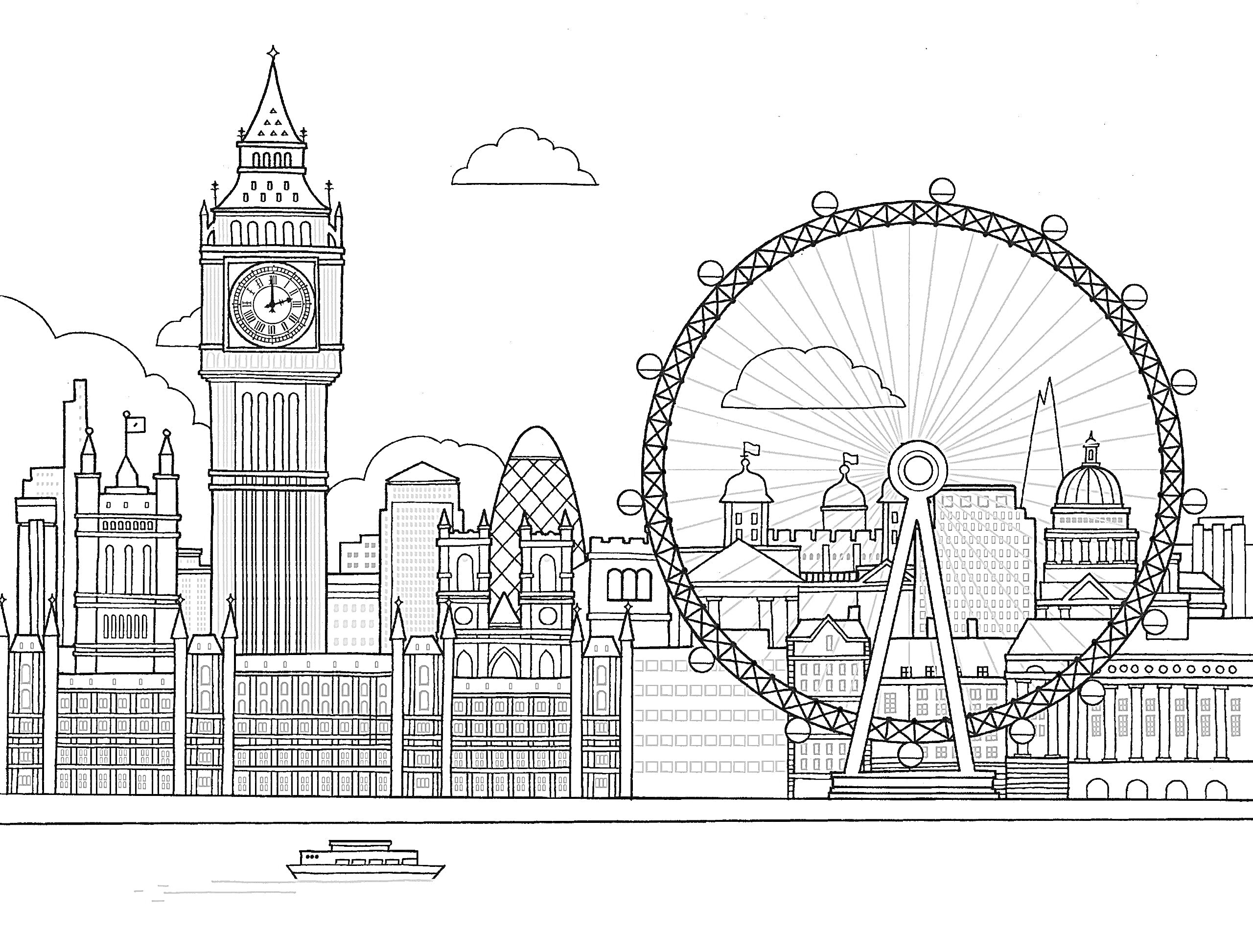 На раскраске изображено: Достопримечательности, Англия, Лондон, Биг Бен, Лондонский глаз, Городской пейзаж, Архитектура, Лодка